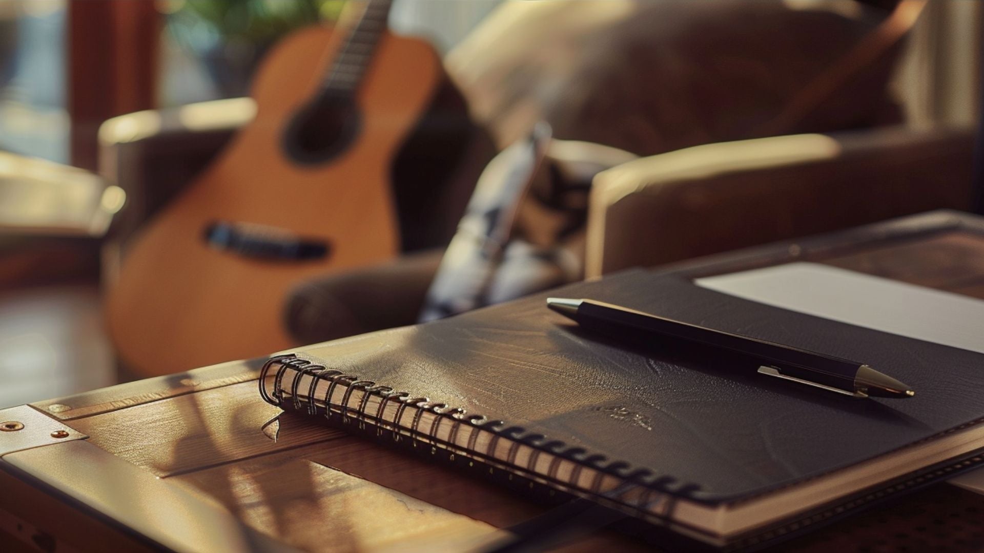  Scene implying a product review: notebook and pen ready for writing on a desk, with the subject, an acoustic guitar, visible but out of focus behind.