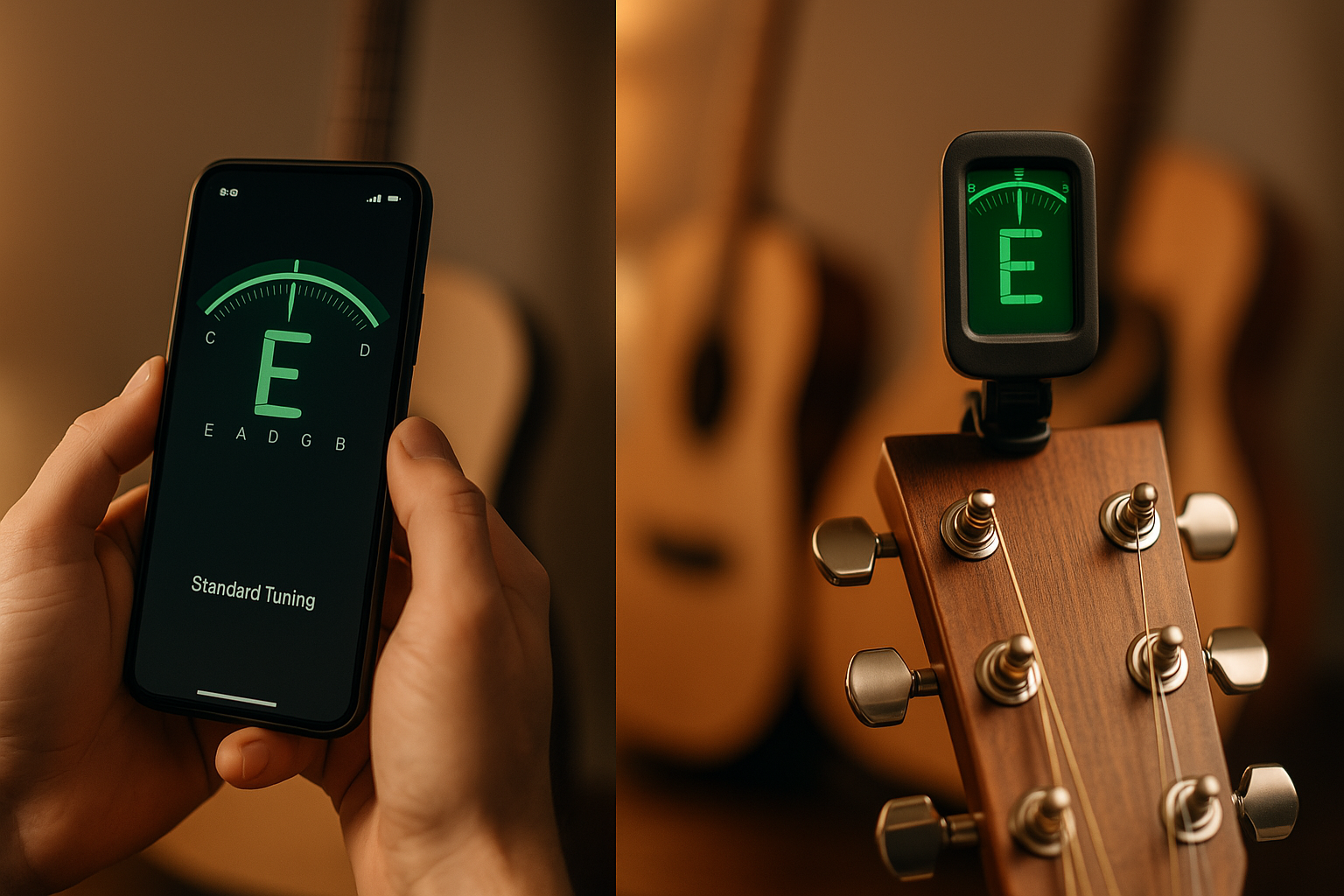 Comparison of guitar tuner app on smartphone versus physical clip-on tuner attached to guitar headstock