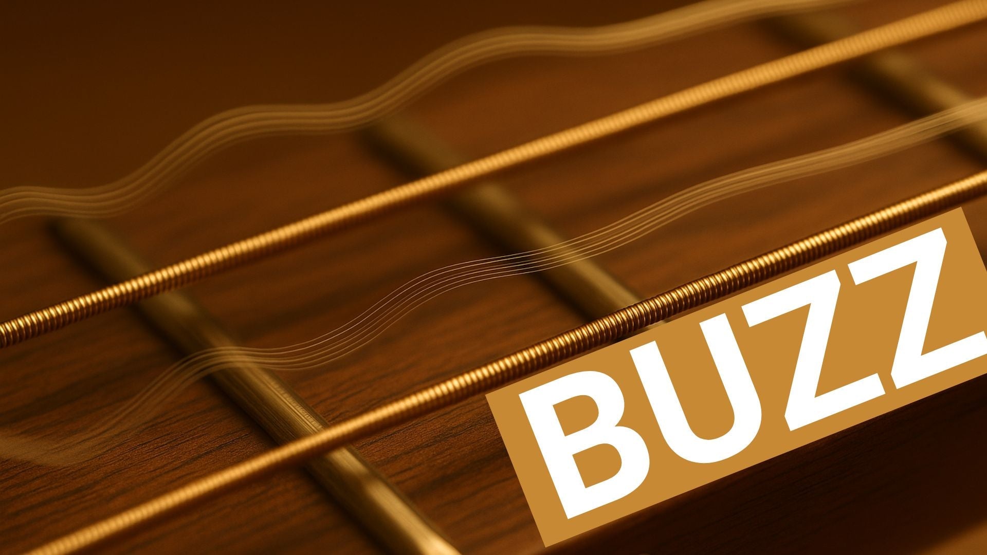 Close-up view of guitar strings and frets showing string buzz problem for troubleshooting guide